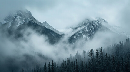 Fototapeta premium Grayscale Mountain Range Showing Limitless Peaks and Alps Covered in a Moody Fog - Cinematic Color Grading Showcasing Emotionality of Nature and the Outdoors - Cold and Snowy Mountaintops