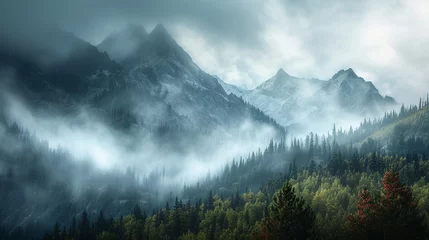 Fototapeten Grayscale Mountain Range Showing Limitless Peaks and Alps Covered in a Moody Fog - Cinematic Color Grading Showcasing Emotionality of Nature and the Outdoors - Cold and Snowy Mountaintops © AnArtificialWonder