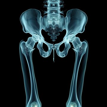 X-ray image of the pelvis. Hip bone. X-ray illustration of pelvis, femur and leg. Skeleton. X-ray treatment. Roentgen. X-ray plate. X-ray pattern. X-ray photograph. Radiograph. R-control