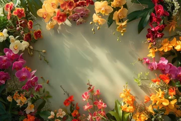 Foto auf Glas Frame made of beautiful orchids on green background, with space for text, concept of Valentine Day, Mother Day, Women Day © MrHamster