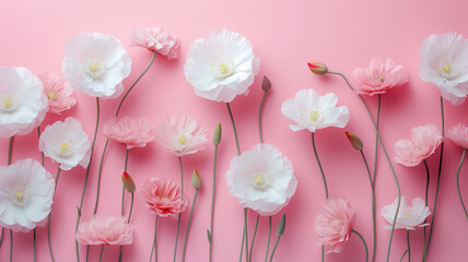 pink, white, and clear white flowers on a pink background