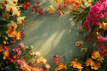 Frame made of beautiful orchids on green background, with space for text, concept of Valentine Day, Mother Day, Women Day
