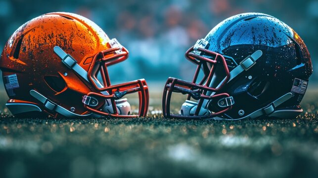 Photo of two football helmets on stadium