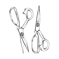 Tailor's scissors for cutting and sewing. Working tool for seamstress, dressmaker, designer. Vector illustration in engraving style