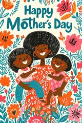 Marking Mother's Day, an Afro mother and her kids share flowers.