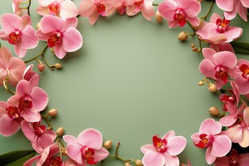 Fototapeta premium Frame made of beautiful orchids on green background, with space for text, concept of Valentine Day, Mother Day, Women Day