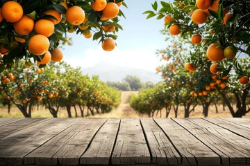 Orange trees and field serve as background for product display on empty wood table
