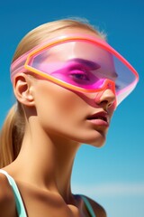 A stylish blonde model dons a pink futuristic visor, exuding a cutting-edge and high-fashion aesthetic