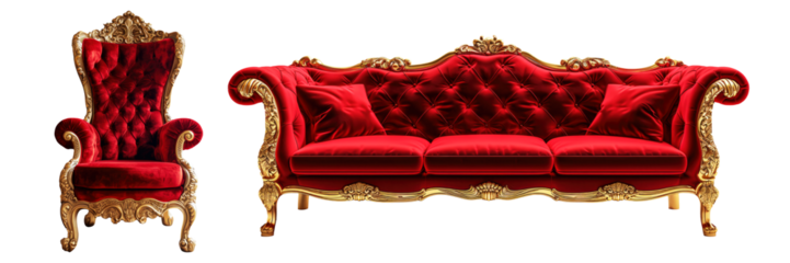 Baroque red velvet chair and sofa isolated on transparent background.