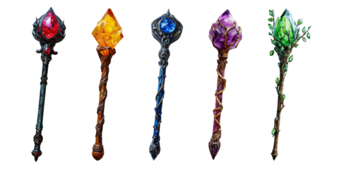 Set of magic wizard staff isolated on transparent background.