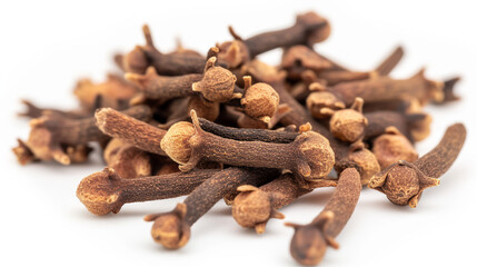 Obraz premium The Close Up Photo A Heap Of Cloves Isolated On A White Background, Ideal For Food Blogs And Spice Advertisements.