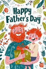 Red-haired dad and kid happily celebrate Father's Day side by side.