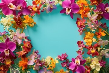 Frame made of beautiful orchids on teal background, with space for text, concept of Valentine Day,...
