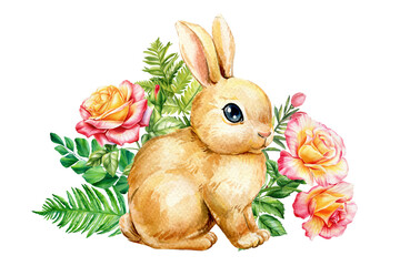 Cute bunny and roses flowers, watercolor hand drawing. spring composition, Happy baby animal, Adorable bunny with flora