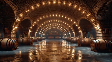 a large cellar with wine barrels and ambient light - obrazy, fototapety, plakaty