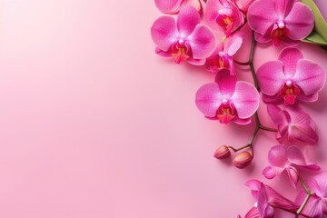 Beautiful orchids on pink background, top view. Space for text --ar 3:2 --v 6 Job ID: 4a7c8242-71a1-40e6-ba49-cd9731571822