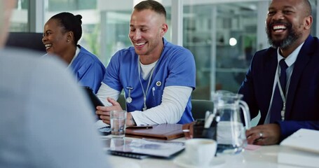 Happy people, meeting or group of nurses in hospital for planning, teamwork or discussion for healthcare. Smile, laughing or talking in clinic with tablet for medical update, consulting or results