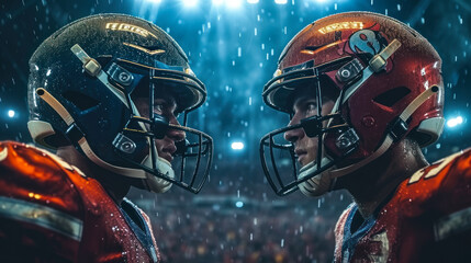 Fototapeta premium Intense face-off between two football players with helmets under stadium lights, embodying competitive spirit and athletic determination amidst a roaring crowd