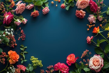 Flowers composition. Frame made of roses on navy blue background. Concept of Valentine Day, Mother Day, Women Day