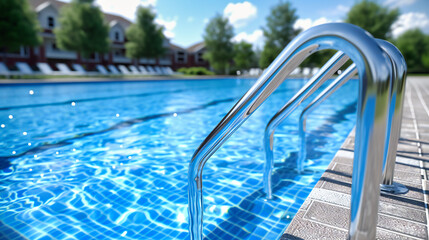Sunlit Poolside with Ladder, Tranquil Resort Setting for Relaxation and Leisure, Clear Summer Day