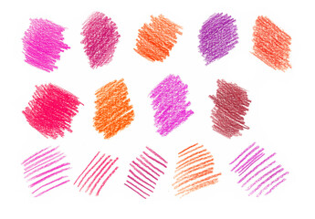 Set of sample strokes with colored pencils. Dashes and thin lines. Different shades of pink, purple, orange. Free hand. Isolated on white background.