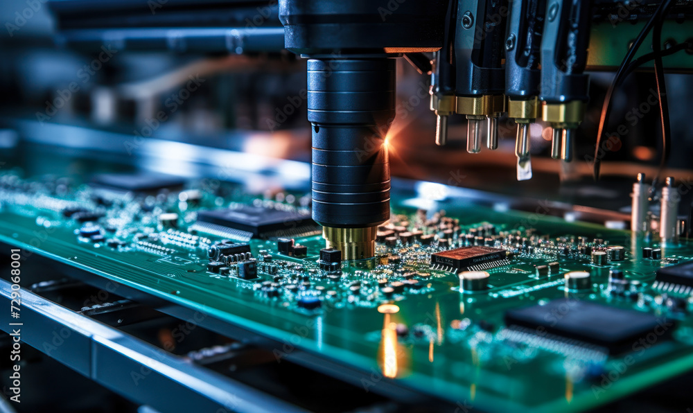 Poster precision automated machine arm calibrating and assembling circuit board components in a high-tech e
