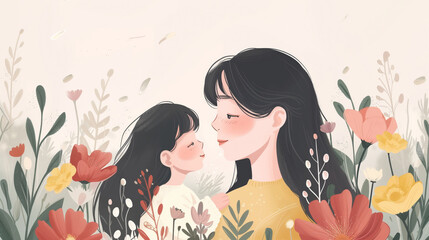Illustration of mother with her little child for mother's day.