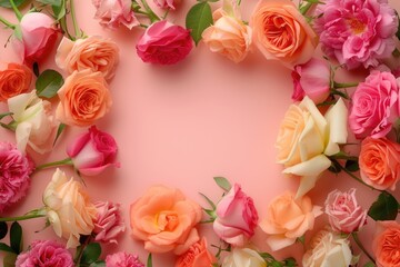 Frame made of beautiful roses on a light blue background with space for text, concept of Valentine's Day, Mother's Day, Women's Day