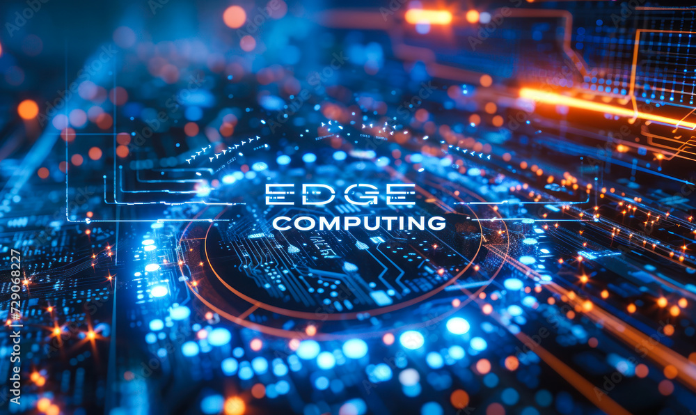 Poster edge computing concept highlighted on a motherboard, illustrating advanced data processing technolog