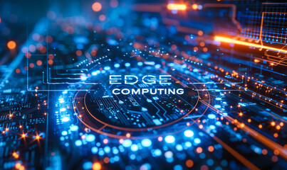Edge Computing concept highlighted on a motherboard, illustrating advanced data processing technology at the networks periphery for speed - obrazy, fototapety, plakaty