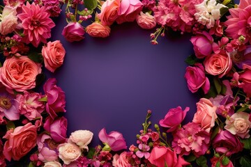 Fototapeta premium Frame made of beautiful roses on a purple background with space for text, concept of Valentine's Day, Mother's Day, Women's Day