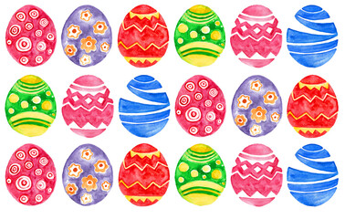 Pattern of Easter eggs different colors. Filled with various geometric and floral ornaments. Watercolor. Isolated on white background. Red, yellow, green, blue, pink, purple. Lines, zigzags, circles.