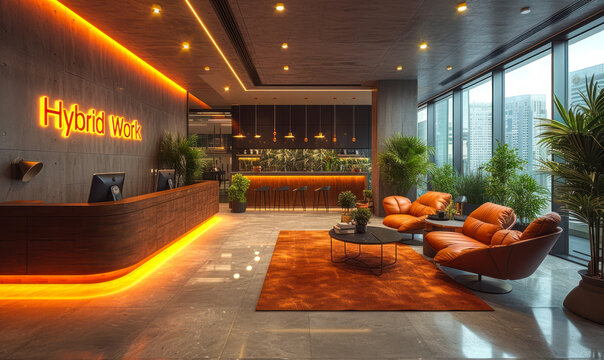 Modern office lobby with Hybrid Work illuminated signage, showcasing the contemporary hybrid work model blending onsite and remote operations