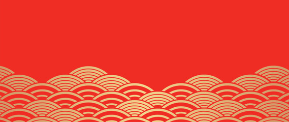 Japanese gold wave background vector. Wallpaper design with gold and red ocean wave pattern backdrop. Modern luxury oriental illustration for cover, banner, website, decor, border. - obrazy, fototapety, plakaty
