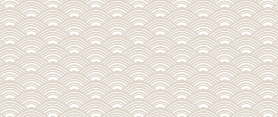Japanese beige wave background vector. Wallpaper design with beige and white ocean wave pattern backdrop. Modern luxury oriental illustration for cover, banner, website, decor, border.