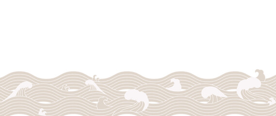 Japanese sea wave background vector. Wallpaper design with beige and white ocean wave pattern backdrop. Modern luxury oriental illustration for cover, banner, website, decor, border.