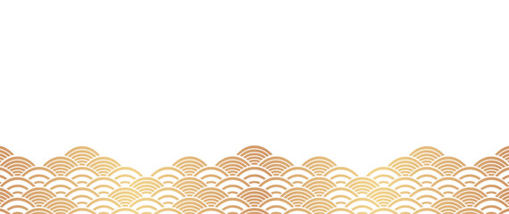 Japanese gold wave background vector. Wallpaper design with gold and white ocean wave pattern backdrop. Modern luxury oriental illustration for cover, banner, website, decor, border.