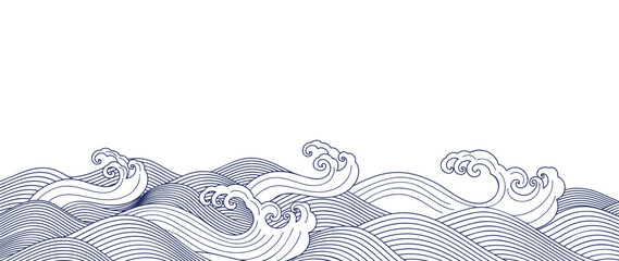 Japanese sea wave background vector. Wallpaper design with blue and white ocean wave pattern backdrop. Modern luxury oriental illustration for cover, banner, website, decor, border.
