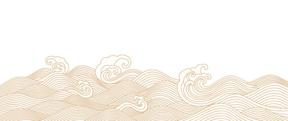 Japanese sea wave background vector. Wallpaper design with gold and white ocean wave pattern backdrop. Modern luxury oriental illustration for cover, banner, website, decor, border. - 729068498