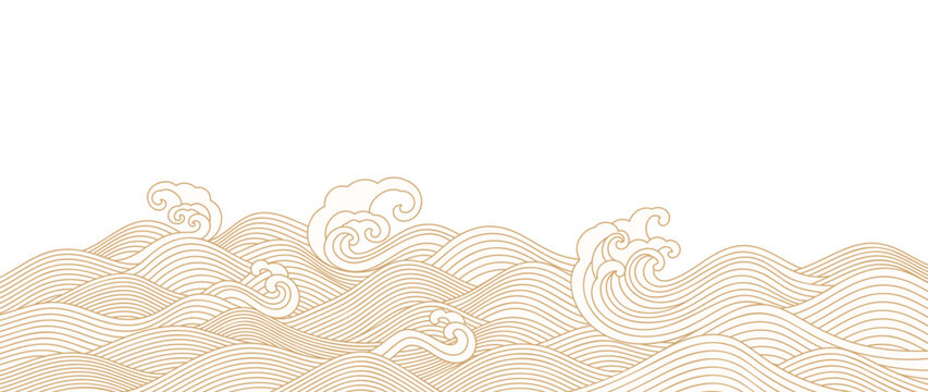 Japanese sea wave background vector. Wallpaper design with gold and white ocean wave pattern backdrop. Modern luxury oriental illustration for cover, banner, website, decor, border.
