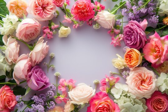 Flowers composition. Frame made of roses on purple background. Concept of Valentine Day, Mother Day, Women Day