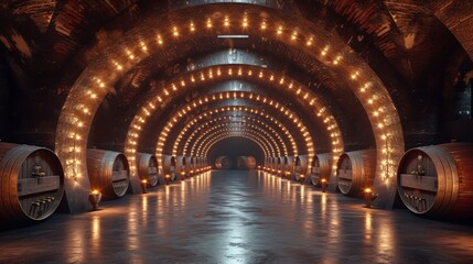 a large cellar with wine barrels and ambient light - obrazy, fototapety, plakaty