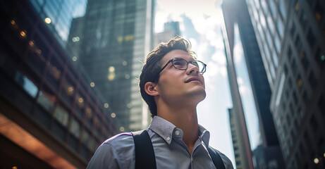 Confident male professional looks up with hope amidst city skyscrapers at sunset.