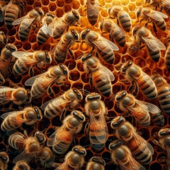 An up-close scene of diligent worker bees industriously filling a waxed honeycomb with honey.