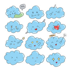 set of happy blue cloud character emoticon.