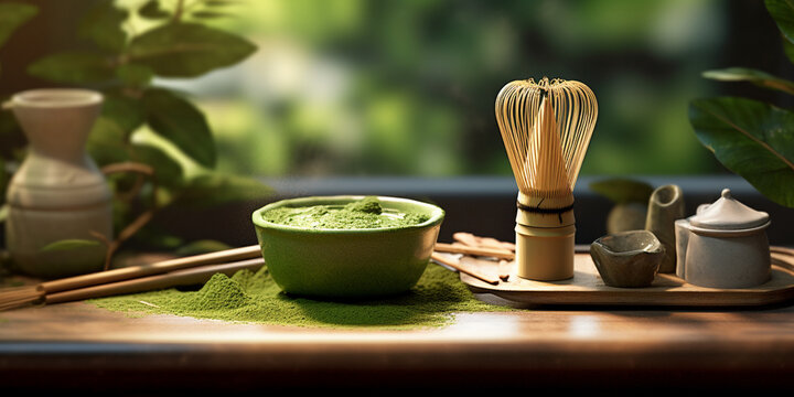 Matcha tea powder close up on a wooden scoop