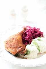 Roast duck with red cabbage and mashed potatoes on bright background. Close up.
