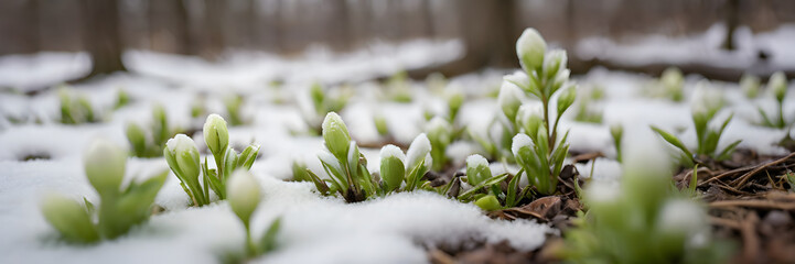 3:1 banner by snowflakes beginning to melt, revealing tender green spring flowers emerging. Presenting the transition from winter to spring. Travel promotion, winter-spring season products, menu.