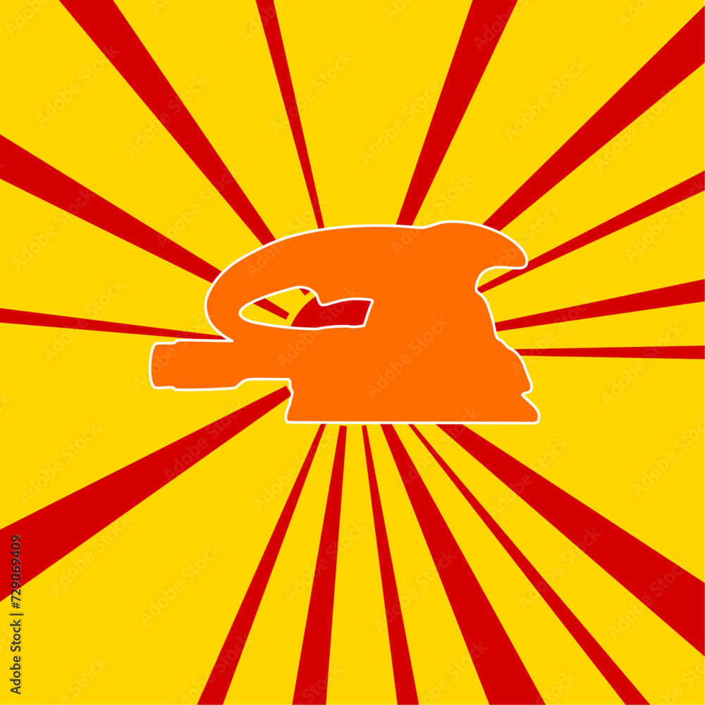 Poster sanding machine symbol on a background of red flash explosion radial lines. a large orange symbol is