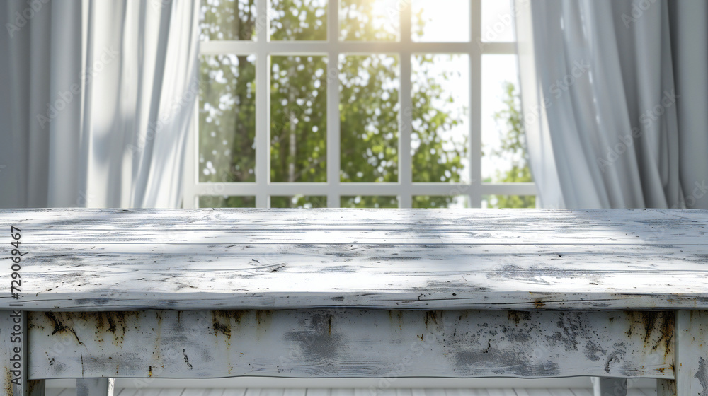 Poster rustic wooden table by a window, creating a cozy and inviting space with natural light and a view of